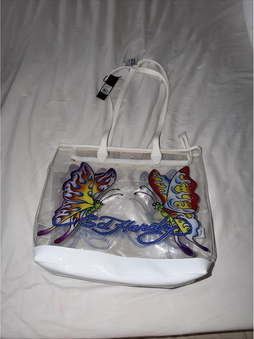 Ed Hardy Clear Tote Bag with Colorful Butterfly Design NWT Retail $159